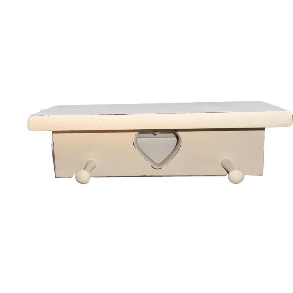 Vintage white Wood Small Wall Shelf With Heart Cut Out & Pegs Country Decor